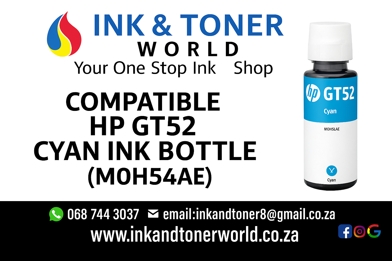 Compatible HP GT52 Cyan Ink Bottle (M0H54AE)